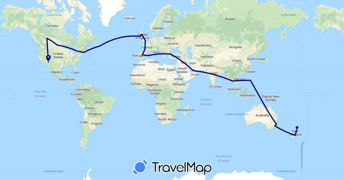 TravelMap itinerary: driving in United Arab Emirates, Australia, Canada, Spain, France, United Kingdom, New Zealand, Philippines, Thailand, Turkey, United States (Asia, Europe, North America, Oceania)